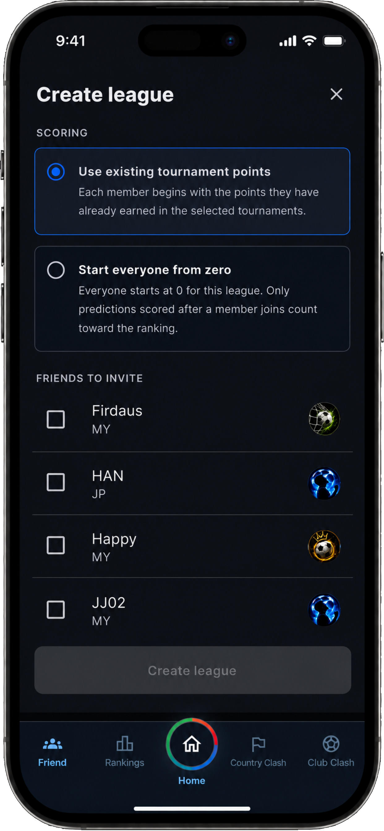 GoalClash Create Friend League screen